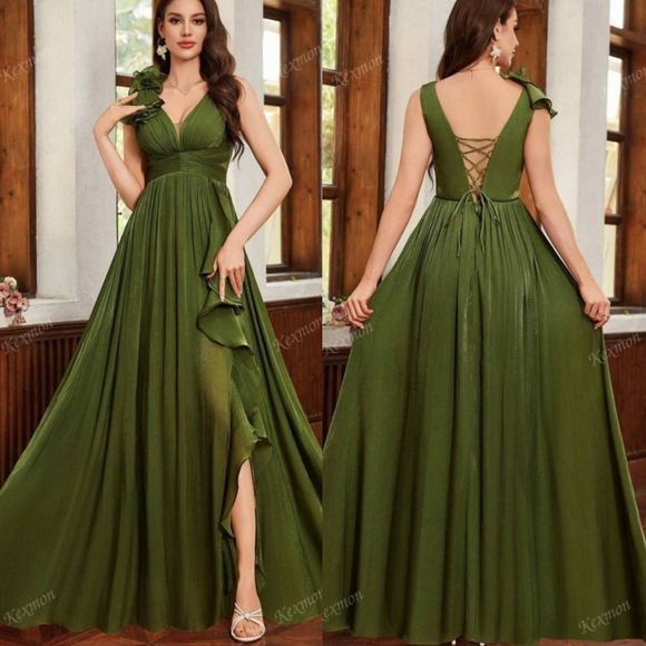 Kexmon Olive Green Elegant Formal Gown Floor-Length V-Neck Ruffle Evening Dress - Picture 1 of 17